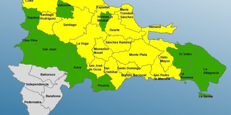 17 provincias y el Distrito Nacional en alerta Amarilla, 10 en Verde