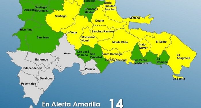 El COE aumenta a 13 provincias y el Distrito Nacional en alerta Amarilla y mantiene 12 en Verde