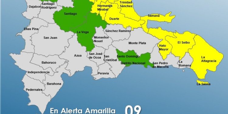 Aumentan a 9 las provincias en alerta Amarilla y 4 y el Distrito Nacional en Verde