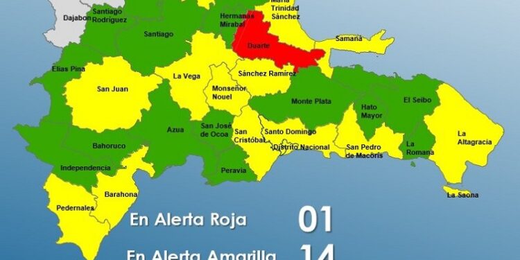 Una provincia en alerta Roja, 13 y el Distrito Nacional en Amarilla y 15 provincias en Verde
