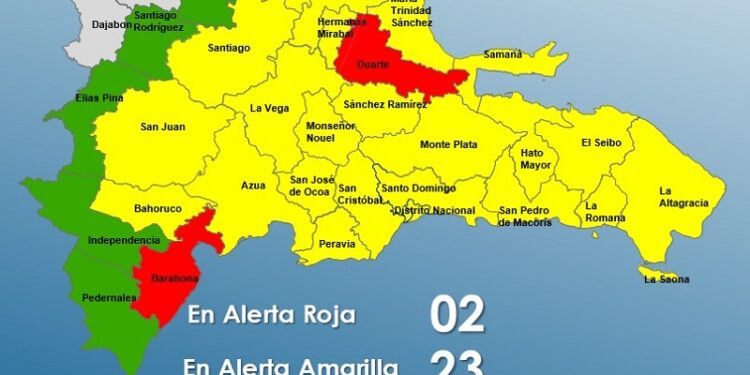 El COE aumenta 2 provincias en alerta Roja, 23 y el Distrito Nacional en Amarilla y 5 en Verde
