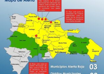 Tres municipios y dos distritos municipales en alerta Roja, 16 provincias y el Distrito Nacional en Amarilla
