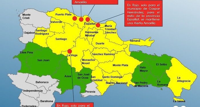 Tres municipios y dos distritos municipales en alerta Roja, 16 provincias y el Distrito Nacional en Amarilla