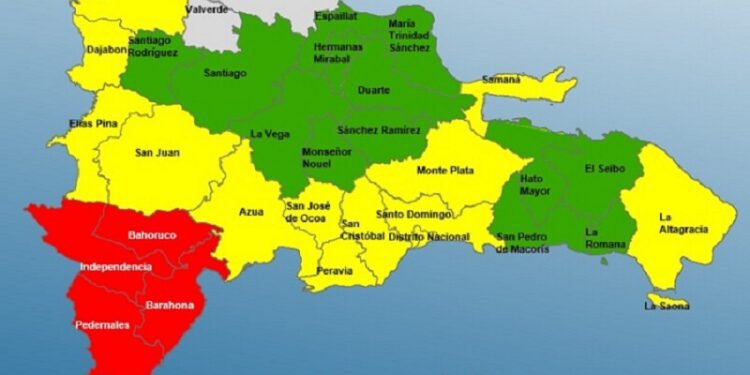 Cuatro provincias en alerta Roja, 12 y al Distrito Nacional en Amarilla y 13 en Verde