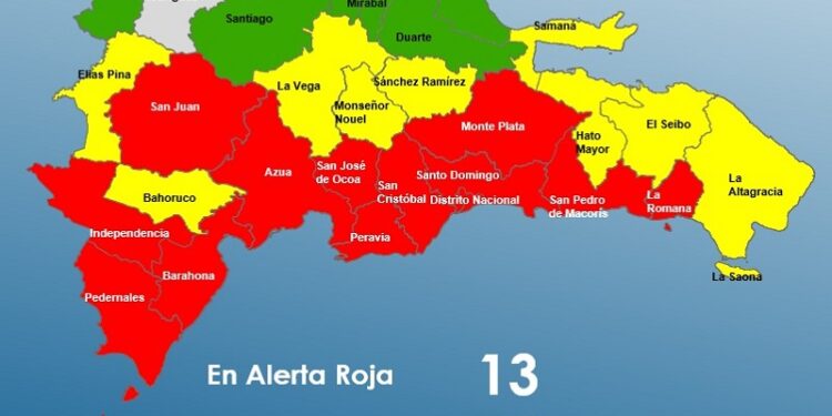 COE coloca 12 provincias y al Distrito Nacional en alerta Roja, 10 en Amarilla y aumenta 6 en Verde