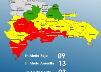 Ocho provincias y el Distrito Nacional siguen en alerta Roja, 13 en Amarilla y 3 en Verde