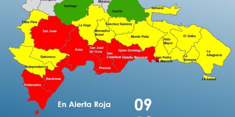 Ocho provincias y el Distrito Nacional siguen en alerta Roja, 13 en Amarilla y 3 en Verde
