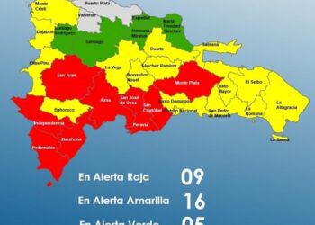 Nueve provincias en alerta Roja, 15 y el Distrito Nacional en Amarilla y 5 en Verde