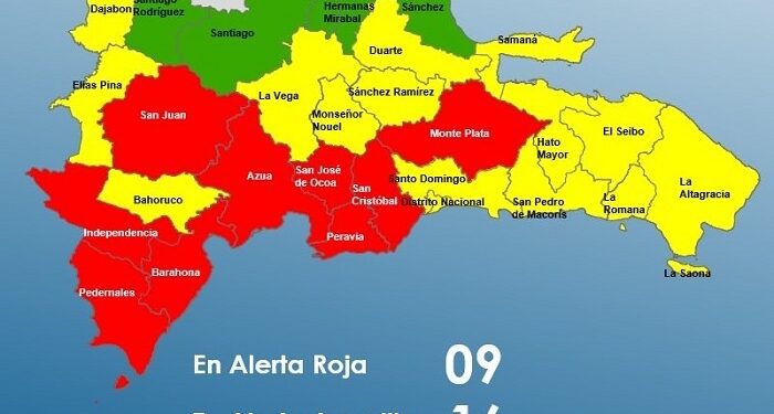 Nueve provincias en alerta Roja, 15 y el Distrito Nacional en Amarilla y 5 en Verde