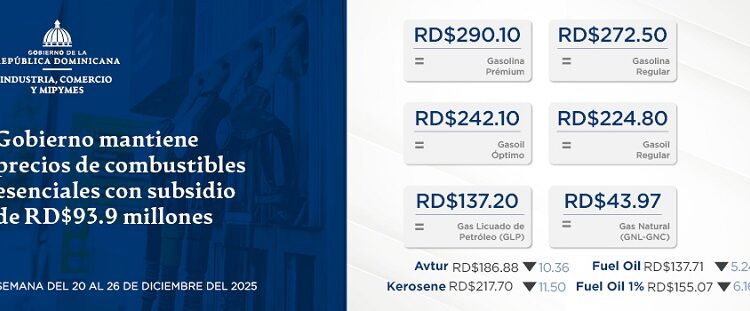 Combustibles esenciales mantendrán sus precios con subsidio de RD$93.9 millones