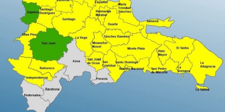 Mantienen 25 provincias y el Distrito Nacional en alerta Amarilla, dos en Verde