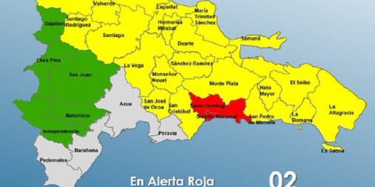 Una provincia y el Distrito Nacional en alerta Roja, 21 en Amarilla y 5 en Verde