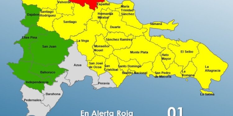 Una provincia en alerta Roja, 21 y el Distrito Nacional en Amarilla y 5 en Verde