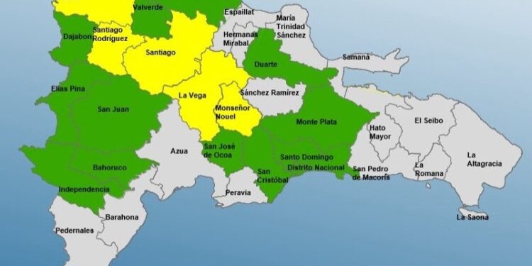 Cinco provincias en alerta Amarilla y 12 y el Distrito Nacional en Verde