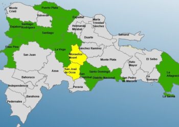 Dos provincias en alerta Amarilla y 9 y el Distrito Nacional en Verde