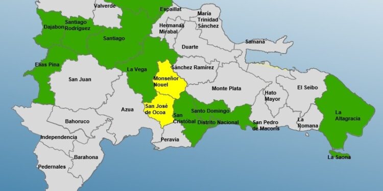 Dos provincias en alerta Amarilla y 9 y el Distrito Nacional en Verde