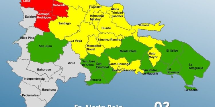 Tres provincias en alerta Roja, 12 y el Distrito Nacional en Amarilla y 9 en Verde