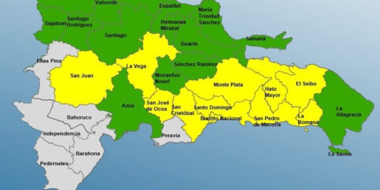 Diez provincias y el Distrito Nacional en alerta Amarilla, 15 en Verde