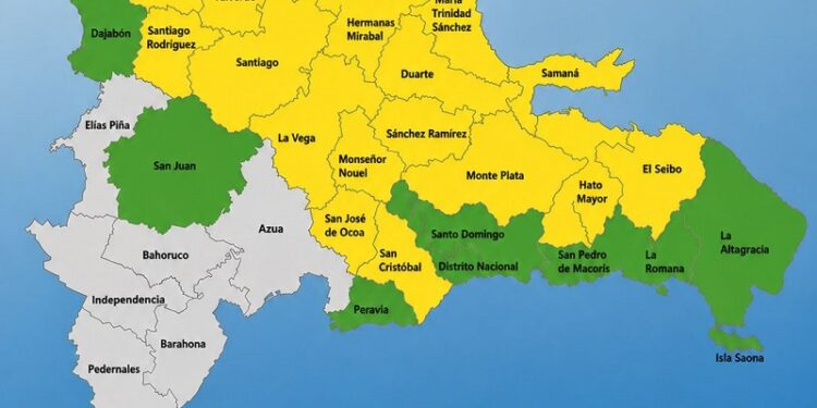 18 provincias en alerta Amarilla y 7 en Verde y el Distrito Nacional