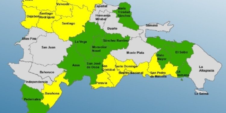 El COE aumenta 11 provincias en alerta Amarilla y el Distrito Nacional y mantiene 10 en Verde