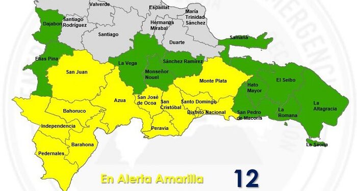 El COE mantiene 11 provincias y el Distrito Nacional en alerta Amarilla y amplía a 11 en Verde