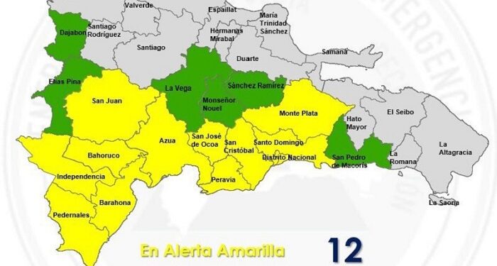 El COE amplía a 11 provincias y el Distrito Nacional en alerta Amarilla, seis en Verde